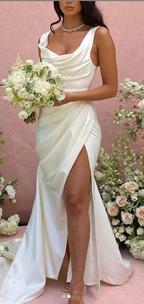 Silk Bustier Wedding Dress, Elegant Wedding Dress Big Bust, Simple Wedding Dress Cowl Neck, Bridal Dresses Open Back, Modern Elegant Wedding Dress Aline, Draped Silk Wedding Dress, White Satin Engagement Dress, Wedding Dresses Fuller Bust, Silk Drape Wedding Dress