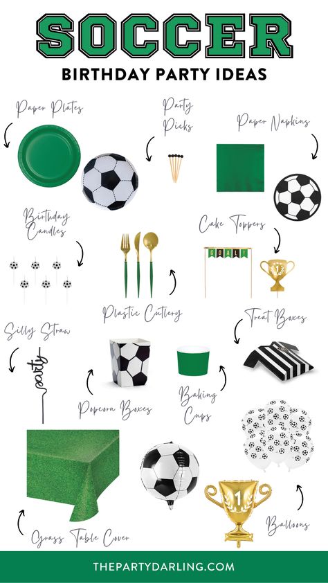 A collage of black and white soccer ball decorations mixed with green party supplies for party inspiration for a soccer birthday party. Soccer Party Dessert Table, Elegant Soccer Party, Soccer 1st Birthday Party, Football Team Birthday Party, Soccer Ball Theme Birthday Party, Soccer Theme Party Decorations, Soccer Party Ideas Decorations, Soccer Food Party, Soccer Team Birthday Party