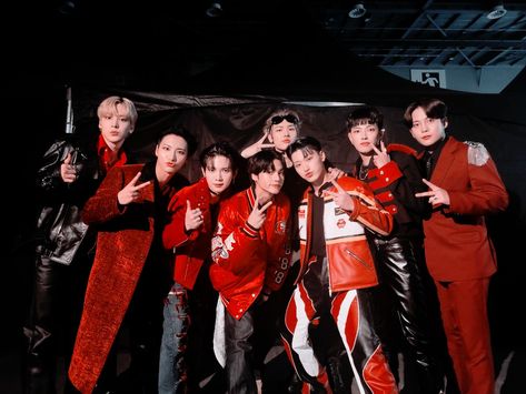 Ateez Group Photo, Group Photo, Red Outfit, Group Photos, Red Aesthetic, Phone Themes, Red Jacket, Kpop Groups, Concert Outfit