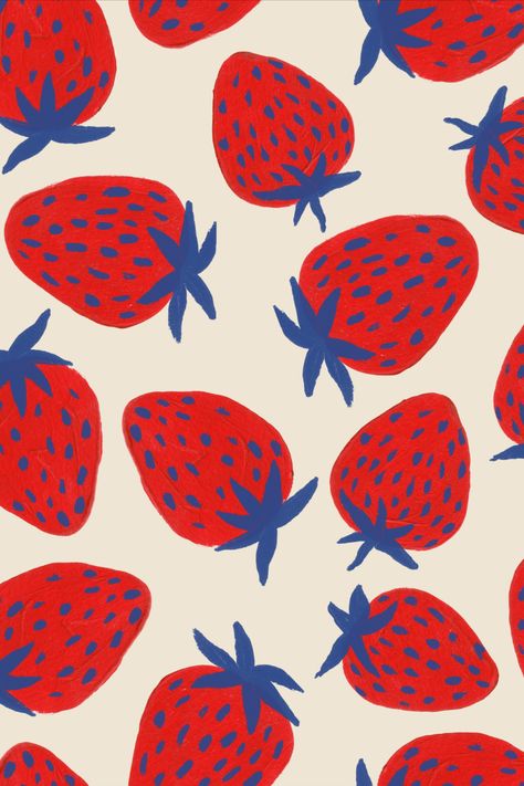 Pattern designed by Criativo Thatu, inspired by fruits of the garden. Available on @patternbank Trending Prints 2024, Food Design Illustration, Fun Illustration Art, Strawberry Pattern Wallpaper, Strawberry Graphic Design, Food Pattern Illustration, Fruit Illustration Design, Drawing Of Fruit, Fruit Pattern Illustration