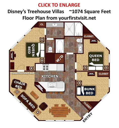 Disney Vacation Club | Review and photo tour  Part 2 of Disney's Treehouse Villas | Photos, floor plan, advice and more about staying there | | from yourfirstvisit.net Tree House Floor Plans Treehouse, Treehouse Plans Layout, Treehouse Floor Plans, Tree House Layout, Tree House Floor Plans, Treehouse Layout, Square Floor Plans, Treehouse Vacations, Saratoga Springs Disney