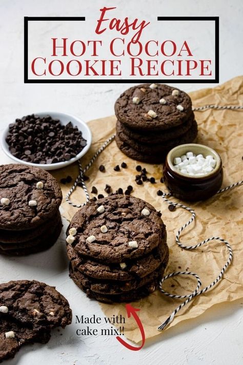 Hot Cocoa Cookies are a super easy chocolate cookie to make! They are made with chocolate cake mix, marshmallow bits, and mini chocolate chips. Great cookie recipe for the kids to make! #hotcocoacookies #hotchocolatecookies #chocolatecookie #easycookierecipe Easy Hot Cocoa, Marshmallow Bits, Hot Cocoa Cookies, Cocoa Cake, Raw Cookie Dough, Hot Chocolate Cookies, Cocoa Cookies, Cookies Easy, Chocolate Fudge Cake