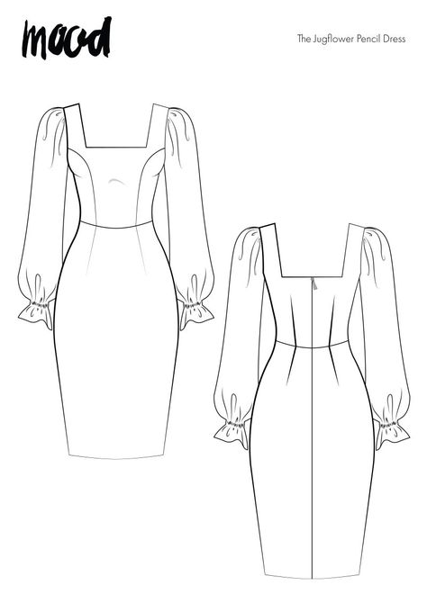 Sleek Silhouettes and Sheer Sleeves: The Jugflower Pencil Dress Free Sewing Pattern Pencil Dress Sewing Pattern, Mood Fabrics Free Pattern Dress, Party Dress Sewing Patterns, Free Sleeve Pattern, Simple Dress Pattern Free, Free Pattern Dress, Mood Sewing Patterns, Free Dress Sewing Patterns, Pencil Dress Pattern