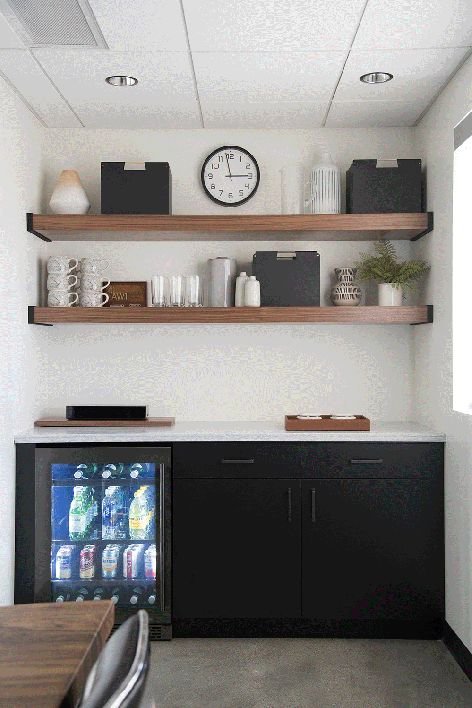 Coffee Room Office, Break Room Cabinets, Industrial Office Kitchenette, Brokerage Office Design, Boardroom Coffee Station, Office Refreshment Station, Employee Kitchen Break Room, Salon Breakroom Ideas, Office Break Room Decor