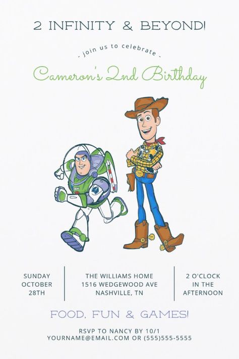 2 Infinity and Beyond Toy Story - 2nd Birthday Invitation
Invite all your family and friends to your child's Toy Story themed Birthday with these sweet invites featuring Buzz and Woody. Personalize by adding all your party details. Toy Story Birthday Party Invitations, Buzz And Woody, Housewarming Invitation Templates, Woody Birthday, Toy Story Invitations, Toy Story Party Decorations, 2nd Birthday Boys, Toy Story Theme, House Warming Invitations