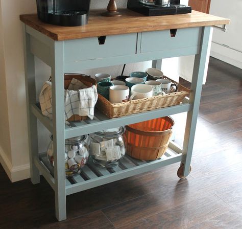 DIY Coffee Bar Cart perfect for a small space and for guests to self serve coffee!  An easy coffee lover IKEA hack makeover! English Basement, Kitchen Hack Decor, Kitchen Renovation Diy Ideas, Ikea Coffee, Ikea Kitchen Hacks, Coffee Bar Cart, Perfect Apartment, Ikea Kitchen Island, Classy Kitchen