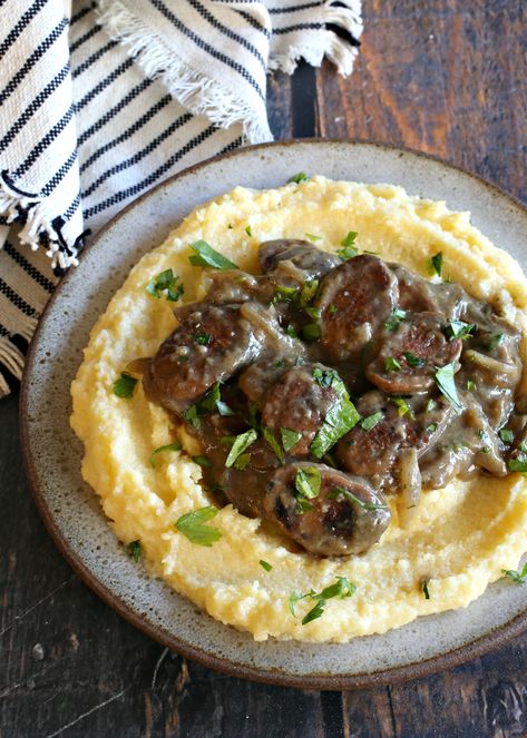 Chicken Sausage with Creamy Polenta and Onion Gravy #sausage #polenta #gravy #dinner Polenta Recipe, Pantry Meals, Recipes Spicy, Chicken Sausages, Pan Gravy, Polenta Recipes, Jo Cooks, Creamy Polenta, Pot Dinners