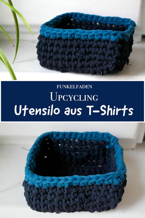 Häkeln mit T-Shirt-Garn - Einfaches Utensilo aus T-Shirt-Garn häkeln - Häkelanleitung für Anfänger für ein rechteckiges Upcycling-Utensilo Braid Blanket, Start Knitting, Blanket Diy, Diy Projects For Kids, Blanket Knitting, Beginners Knitting, Simple Tshirt, Crochet Square, T Shirt Yarn