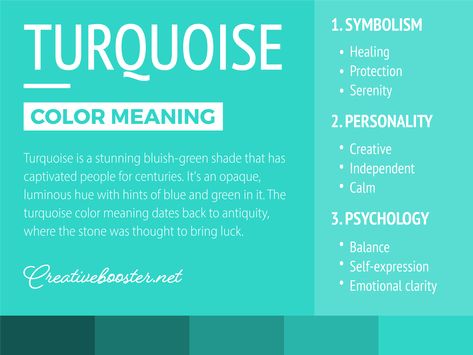 Turquoise is a stunning bluish-green shade that has captivated people for centuries. It's an opaque, luminous hue with hints of blue and green in it. The turquoise color meaning dates back to antiquity, where the stone was thought to bring luck and good fortune. Turquoise also symbolizes wisdom, spiritual healing, protection, loyalty, and peace. Turquoise Color Meaning, Turquoise Spiritual Meaning, Colour Healing, Serenity Color, Graphic Design Freebies, Retro Color Palette, Color Symbolism, Color Healing, Hex Color Palette