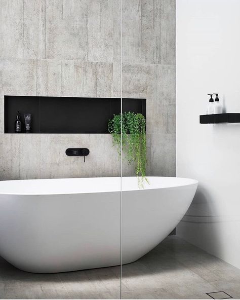 XAYGUN ARCHITECTURAL INTERIORS (@xaygunstudio) posted on Instagram: “Bathtub goals!! 🖤 A stunning grey palette with bold black features! A niche right near your bath is great for placing products in an easy…” • Jun 11, 2020 at 5:29am UTC Black Shelf, Bad Inspiration, Stone Bath, Standing Bath, Freestanding Bath, Home Decor Quotes, Complete Bathrooms, Main Bathroom, Bathroom Renos