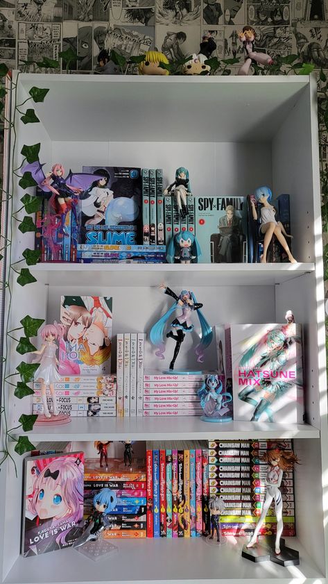 Organize Manga Shelf, Shelf Aesthetic Ideas, Manga Shelf Organization Ideas, Gaming Shelf Ideas, Small Manga Shelf Ideas, Manga Shelves Ideas, Anime Shelf Decor, Manga Shelving Ideas, Anime Shelf Aesthetic