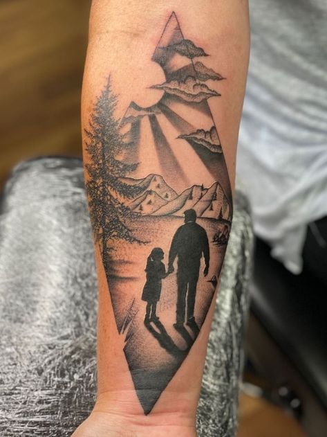 Father-Daughter Tattoo Father Daughter Tree Tattoo, Father Daughter Tattoos For Men, Father Tribute Tattoo Daughters, Daughter Tribute Tattoo, Father Son And Daughter Tattoos, Father Daughter Silhouette Tattoo, Fathers Tattoo For Daughter, Mens Tattoo For Daughter, Daughter Tattoo For Father Forearm