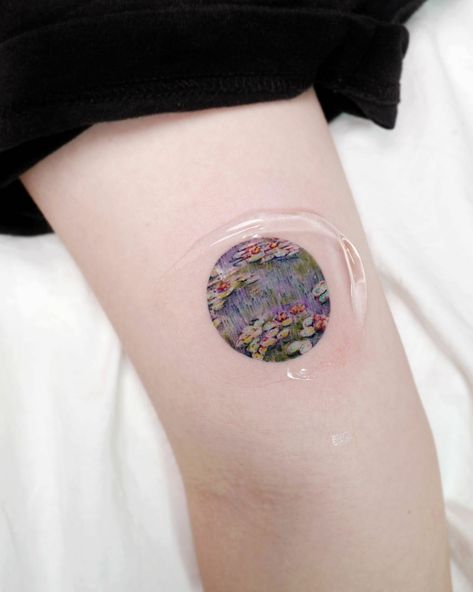 Monet Water Lily Tattoo, Water Lily Monet Tattoo, Monet Tattoo Ideas, Claude Monet Tattoo, Monet Tattoo, Colored Tattoos, Painting Tattoos, Water Lily Tattoos, Tattoo Time