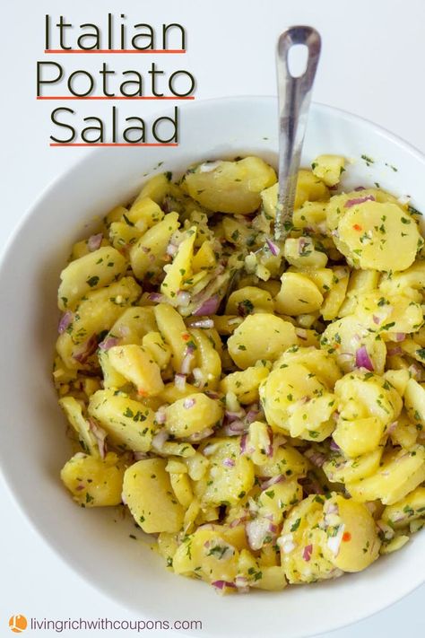 This incredibly delicious Italian Potato salad has no mayo!  It has a simple dressing of olive oil and red wine vinegar so you don’t have to worry about this potato salad sitting out at your next potluck or BBQ. Easy and tasty! #nomayopotatosalad #italianpotatosalad #potatosalad #sidedish Italian Potato Salad Recipe, Italian Potato Salad, Vinegar Potato Salad, Potatoe Salad, Italian Potatoes, Potato Salads, Pasta Side Dishes, Potato Salad Recipe, Comfort Soup