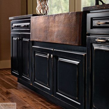 KraftMaid Cabinetry Vintage Onyx Apron Sink Base - farmhouse - kitchen sinks - detroit - KraftMaid Black Marble Countertops, Black Subway Tiles, Trendy Farmhouse Kitchen, Farmhouse Sinks, Kitchen Sinks Farmhouse, Apron Sink, Black Kitchen Cabinets, Farmhouse Sink Kitchen, Subway Tiles