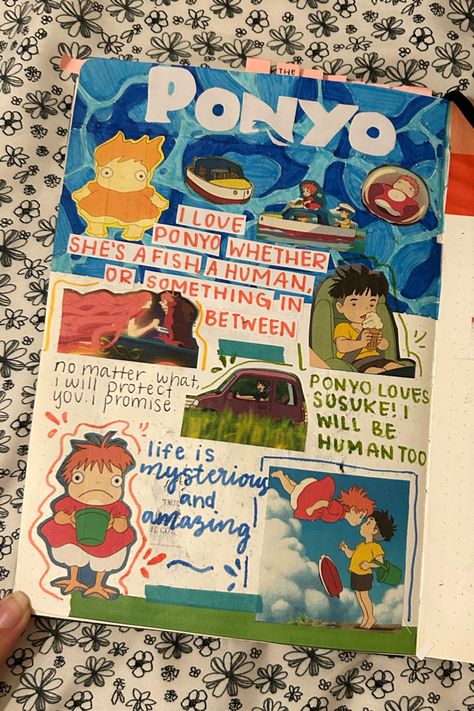 studio ghilbi ponyo page in my film and tv show journal Studio Ghibli Art Inspiration, Show Journal Ideas, Art With Squares, Tv Show Journal Page, Studio Ghibli Scrapbook, Studio Ghibli Activities, Ponyo Journal, Journaling Pages Ideas, Ponyo Sketch