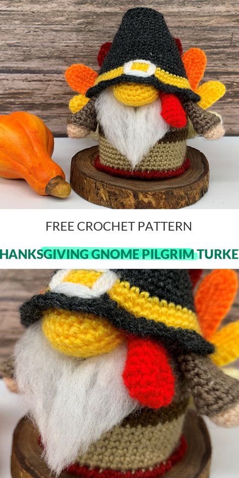 Crochet Pilgrim Gnome, Crochet Gnomes Pattern Free, Crochet Thanksgiving, Crochet Fall Decor, Crochet Gnomes, Gnome Ideas, Thanksgiving Gnome, Thanksgiving Crochet, Fall Decor Diy Crafts