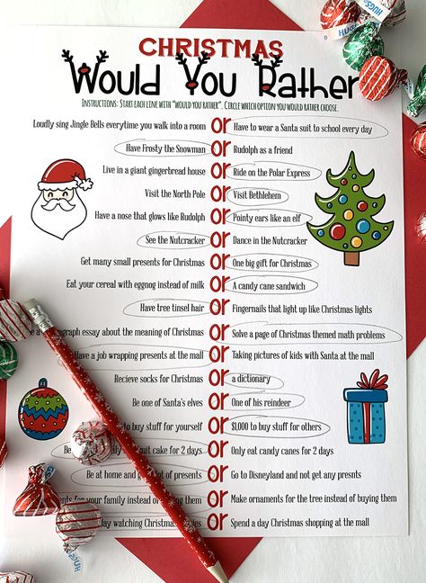 Christmas Would You Rather Printable, Elf Would You Rather, Christmas Would You Rather Adult, Kids Christmas Quiz, Christmas Would You Rather Questions, Christmas Party Ice Breakers, Would You Rather Christmas, Would You Rather Christmas Questions, Christmas Would You Rather