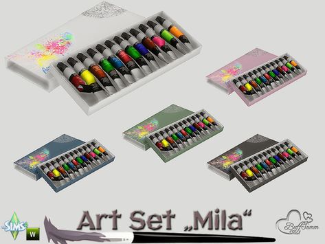 Mila Art Set Color Tubes by BuffSumm Sims 4 Cc Art Supplies, Ts4 Kitchen, Sims Room, Ts4 Mods, Cc Sims4, Sims 4 Bedroom, Sims 4 Clutter, Princess Core, Sims 4 Cc Packs