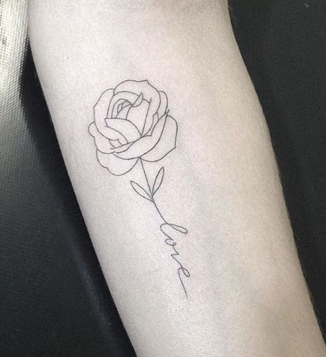 I like how the word love is in the stem | Small rose ... #tattoosforwomen #tattooideas Rose Stem Tattoo, Stem Tattoo, Rose Tattoo With Name, Inner Arm Tattoos, Small Rose Tattoo, Flower Tattoo Shoulder, Skeleton Hand Tattoo, Rose Stem, Flower Tattoo Designs