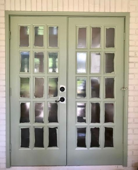 Patio Door Paint Ideas, Green French Doors Interior, Green French Doors, Painting French Doors, Paint French Doors, Painted French Doors, French Doors Living Room, Fiberglass French Doors, Black French Doors