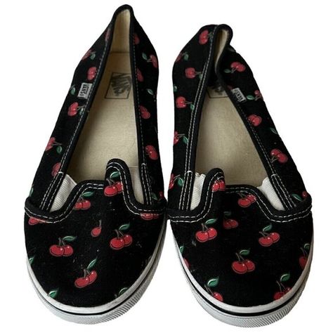 Vans Very Rare KVD Lo-Pro Cherry Slip Ons size 7 Red Cherry, Cherry Print, Vans Shoes, Black Design, Slip Ons, Very Rare, The Black, Print Making, Cherry