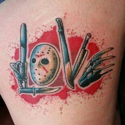 Slasher Love | Movie tattoos, Movie tattoo, Horror tattoo Freddy Vs Jason Tattoo, Movie Tattoo Ideas, Jason Tattoo, Freddy Vs Jason, Maching Tattoos, Horror Movie Tattoos, College Halloween Costumes, 13 Tattoos, Movie Tattoo