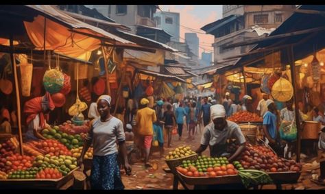 Caribbean Bbq, Afro Centric Art, Desert Kingdom, Nigerian Art, Container Studio, Market Painting, Story Painting, African Desert, Heritage Paint