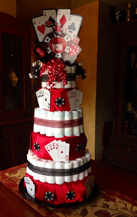 Diaper cake for a "Diapers & Dudes Baby Shower/Poker Tournament" Poker Gender Reveal Ideas, Vegas Baby Shower Theme, Casino Theme Baby Shower Ideas, Casino Gender Reveal, Casino Baby Shower Theme, Dadchelor Party, Poker Tattoo, Pamper Cake, Diaper Party