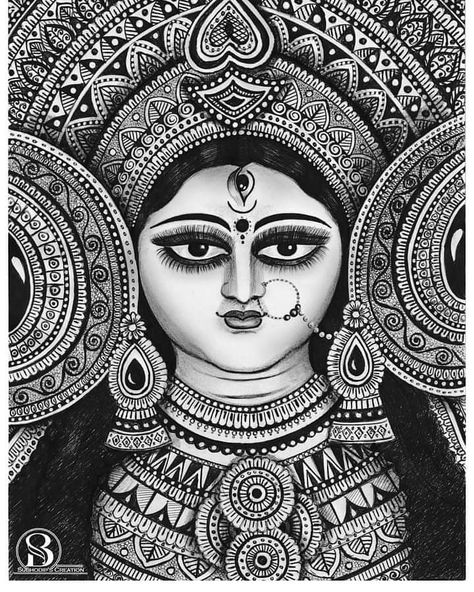 Durga Mata Mandala Art, Durga Ma Drawings, Goddess Drawing Pencil, Goddess Mandala Art, Mataji Sketch, Mata Rani Drawing, Durga Madhubani Painting, Ma Durga Mandala Art, Durga Maa Mandala Art