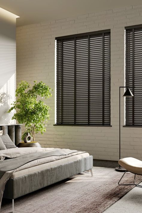 Luxury dark real wooden blinds with tapes in modern neutral bedroom Wood Blinds Bedroom, Wooden Blinds Bedroom, Bedroom Window Blinds, Modern Neutral Bedroom, Diy Window Blinds, Blinds Bedroom, Black Blinds, Futuristic Bedroom, Dark Wood Bedroom