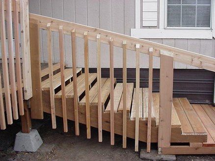 Low rise stairs Low Rise Stairs, Mobile Home Stairs Ideas, Porch Steps Ideas Wooden, Over Garage Addition, Cabin Deck Ideas, Porch With Ramp, Mobile Home Steps, Brick Front Porch, Deck Screened Porch