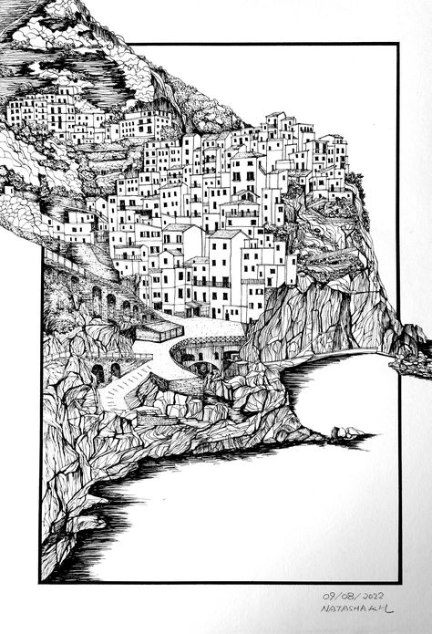 Cinque Terre / Five Towns, Italy - 2022 "I draw the places that I've been, it's my personal memories." This is an original hand-drawing in Size A3, created by me, NATASHA K. HE. Portfolio & Online Store: natashakhe.com - Original with signature & date - Material: Heavyweight Cartridge Paper - Paper Size: A3 Size (42 x 29.7 cm) - Margin Size: 3cm each edge - Actual Drawing Size: 36 x 23.7 cm - Limited Edition Giclee Print in size A3, A4 are also available in the store. --------------------------- Upside Down City Art, Cinque Terre Drawing, Cinque Terre Tattoo, Scenes To Draw, A3 Drawings, Italy Drawing, Drawing Mountains, City Sketches, Town Drawing