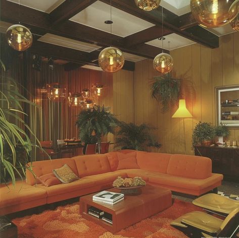 Velvet Brown Couch Living Room Ideas, 70s House Living Room, 70s Living Room 1970s Interior, 70s Mid Century Home, 60s House Decor, 70’s Living Room, 70s Inspired Living Room, 80’s Decor, 50s Interior