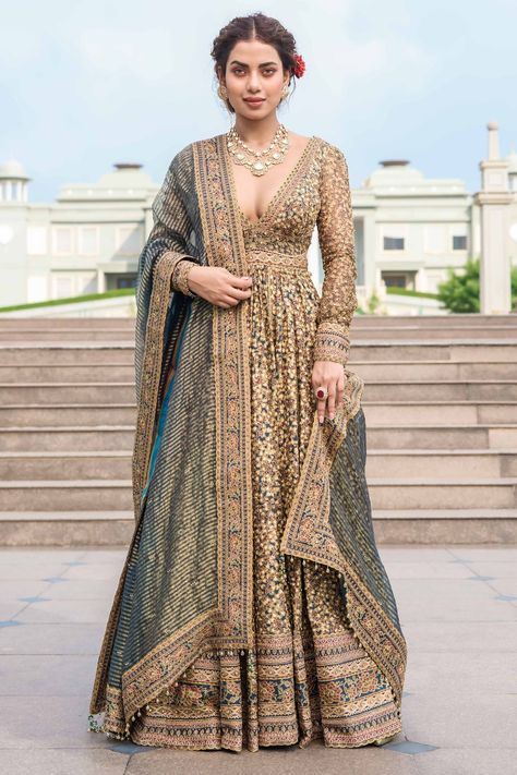 Tarun Tahilliani VINTAGE ANARKALI, CHURIDAR, AND DUPATTA $4,710.00 Tarun Tahiliani Bridal, Chintz Print, Tissue Dupatta, Anarkali Churidar, Bollywood Glamour, Saree Jackets, Kundan Work, Saree Designs Party Wear, Aari Embroidery