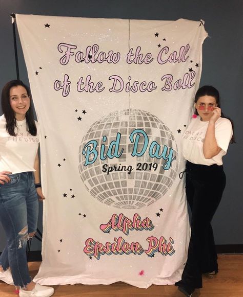 These Temple University sisters followed the call of the disco ball at their Bid Day Disco Banner, Disco Bid Day Theme, Disco Bid Day, Sorority Recruitment Themes, Spring Recruitment, 70s Party Theme, Sorority Themes, Sorority Rush, Sorority Banner