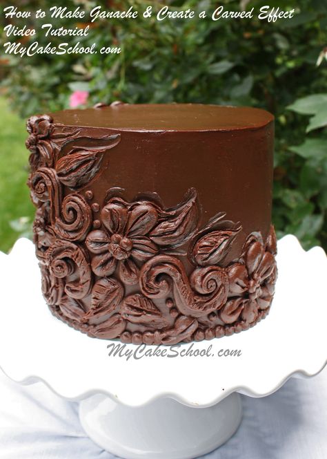 How to Make Ganache & decorate with a beautiful carved effect.  MyCakeSchool.com video tutorial. Ganache For Cake, Super Torte, Rodjendanske Torte, Ganache Cake, Ganache Recipe, Cake Decorating Videos, Chocolate Decorations, Cake Icing, Cake Decorating Tutorials