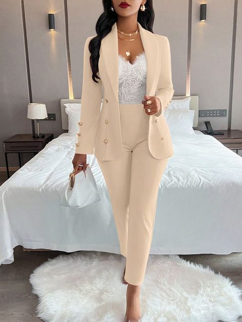 Apricot Elegant Collar   Plain  Embellished Medium Stretch  Women Clothing Nude Suits For Ladies, Womens Work Suits, Lady Suits Fashion, Ladies Jackets, Cute Professional Outfits, Boutique Pants, Jumpsuit And Blazer, Business Casual Outfits For Work, Plaid Suit