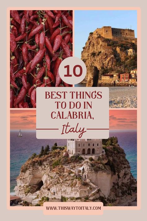 Southwest Italy’s Calabria region is located at the “toe” of Italy’s boot-shaped peninsula. In this sunkissed region of rocky mountains, quaint villages, and stunning coastlines, there are also a number of gorgeous beaches.

There is so much to do and see that a trip here is sure to be jam-packed. Check out our guide to the best things to do in Calabria to get a better sense of the region.

#ItalyTravel #CalibriaItaly #ThingsToDo Catanzaro Calabria Italy, Reggio Calabria Italy, Elopement Abroad, Calabria Italy Map, Vacation Italy, South Italy, Italy Destinations, Calabria Italy, Reggio Calabria