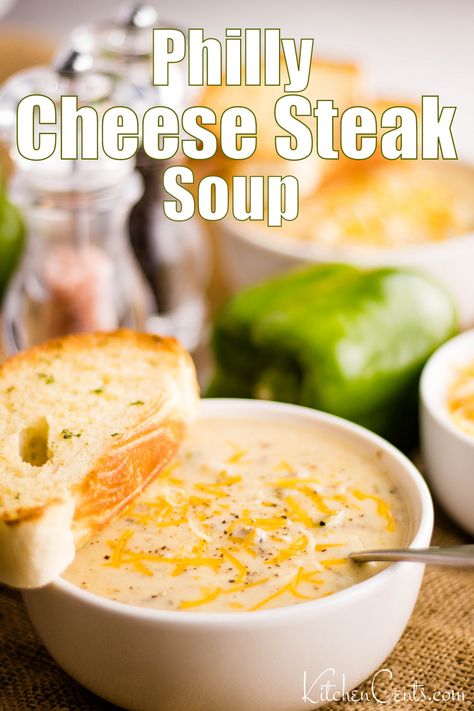 An easy, delicious soup recipe filled with classic Philly Cheese Steak flavors. So yummy and perfect for fall. This Philly Cheese Steak soup is great to enjoy with a slice of garlic bread or cheese toast. Ground beef, onions, garlic, peppers and more. Creamy, savory and so good. A perfect 30 minute meal for cold weather. #soup #phillycheesesteak #cheesy #meatandpotatoes #garlicbread Cheese Steak Soup Recipe, Creamy Savory Recipes, Philly Cheese Soup, Philly Cheesesteak Soup Crockpot, Cheesesteak Potato Soup, Steak And Cheese Soup, Steak Ale Soup, Philly Steak Soup, Creamy Steak Soup