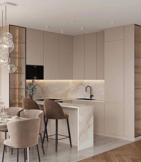 U Style Kitchen, Luxury Beige Kitchen, Beige Kitchen Ideas Modern, White And Taupe Kitchen, Peninsula Kitchen, Taupe Kitchen, Small Modern Kitchens, Simple Kitchen Design, Home Entertainment Centers