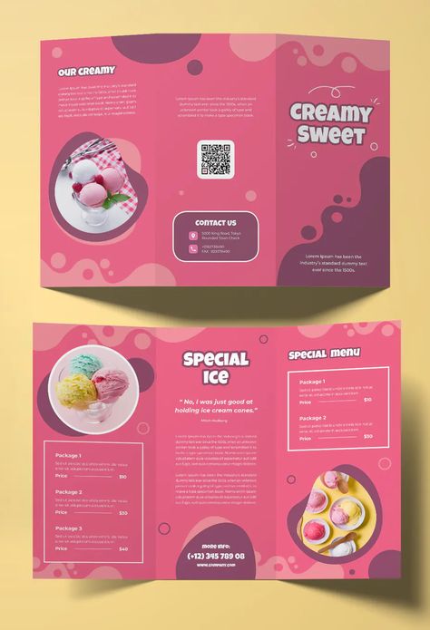 Ice Cream Trifold Brochure Template InDesign Pink Brochure Design, Broshor Design Layout, Ice Cream Menu Design Templates, Ice Cream Brochure Design, Brosure Design Ideas, Cute Brochure Design, Food Brochure Design Creative, Ice Cream Menu Design Ideas, Ice Cream Brochure