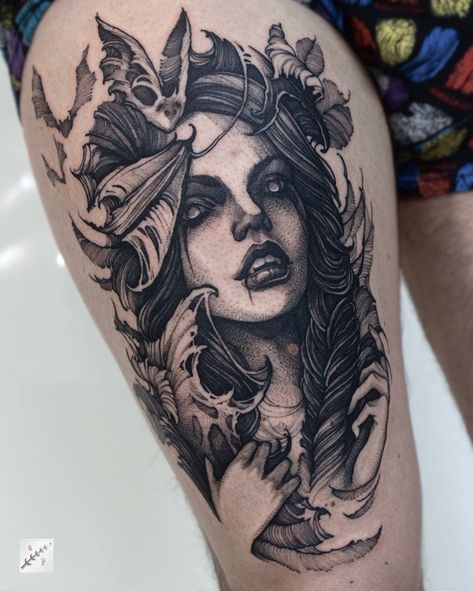 Vampire Tattoo Designs, Poland Tattoo, E.t Tattoo, Vampire Tattoo, Dark Art Tattoo, Thigh Tattoos Women, Dark Tattoo, Tattoo Flash Art, Wroclaw