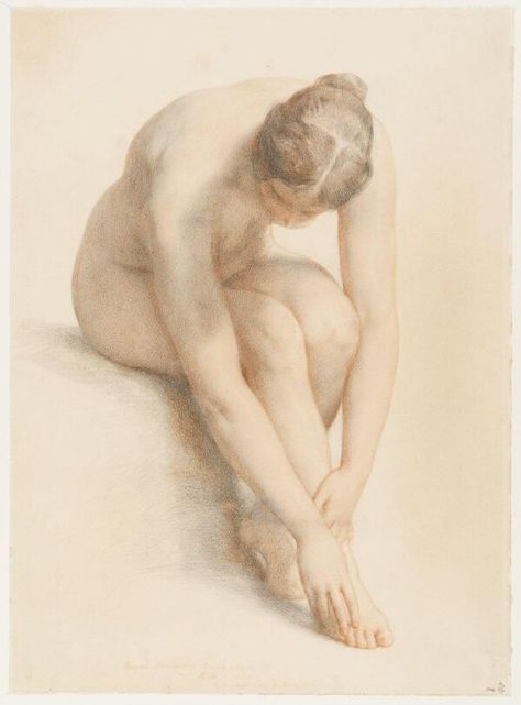 Chalk drawing by William Mulready depicting a female nude, seated, bending forward. Great Britain, 1856. Fig Drawing, Life Drawing Pose, Drawing Studies, Charcoal Art, Chalk Drawings, Figurative Artists, National Art, Ethereal Art, Drawing Prints