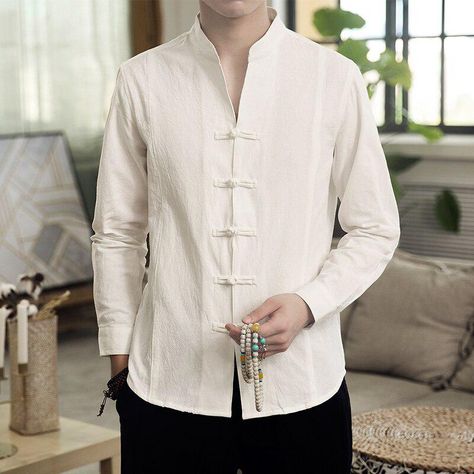 Casual White Shirt, Men's Retro Style, Stand Collar Top, Linen Shirt Men, Linen Casual, Style Basic, Navy Shirt, Retro Shirts, Casual Coat