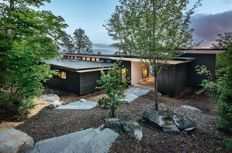 Lake Joseph Cottage — VFA // Architecture + Design Stone Tile Fireplace, Ontario Cottages, Lakeside Cottage, Sugi Ban, Shou Sugi Ban, Screened In Patio, Contemporary Cottage, Cabinetry Design, Cottage Design