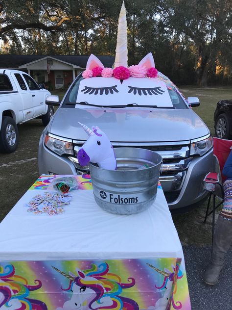 Trunk or Treat  Unicorn Car Rondo Car Ideas, Unicorn Trunk Or Treat Ideas, Unicorn Trunk Or Treat, Church Trunk, Unicorn Car, Halloween Potluck, Trunk Ideas, Trunk Or Treat Ideas, Rainbow Halloween