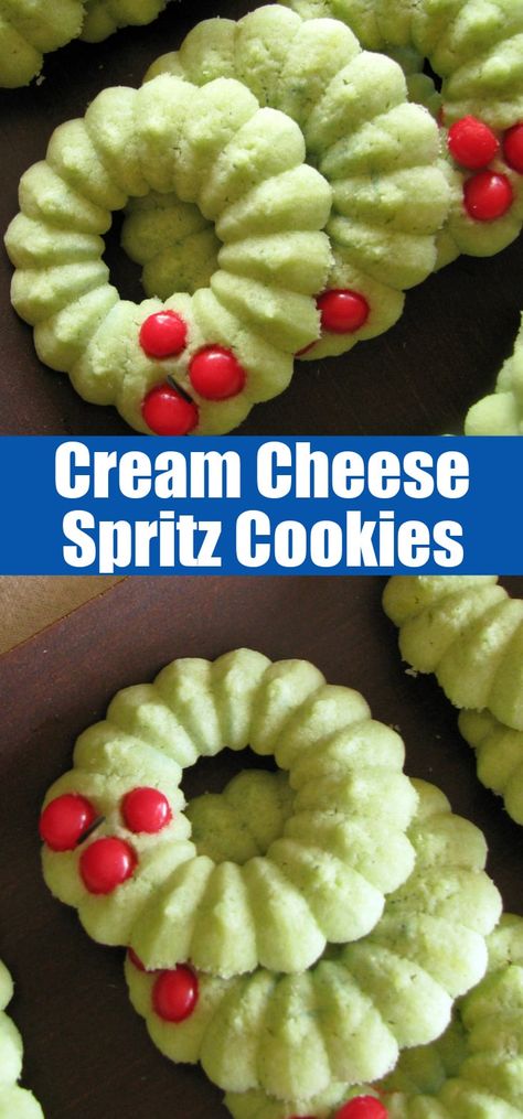 Cream Cheese Spritz Cookies - these spritz cookies or holly wreaths are the perfect holiday cookie. Just like you had as a kid, and you can make any shape you like! Holiday Spritz Cookies, Spritzer Cookies Recipe, Cake Mix Spritz Cookies, Spritz Cookies With Cream Cheese, Wreath Spritz Cookies, Sugar Free Spritz Cookies, Jello Spritz Cookie Recipe, Cream Cheese Spritz Cookies Christmas, Sprits Cookies Recipe