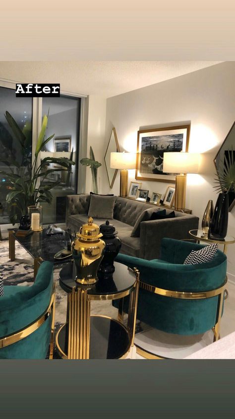 Black And Gold Living Room, Green Living Room Decor, Gold Living Room Decor, Glam Living Room Decor, Black Living Room Decor, Gold Living, Style Salon, Luxury Room Bedroom, Living Room Decor Gray