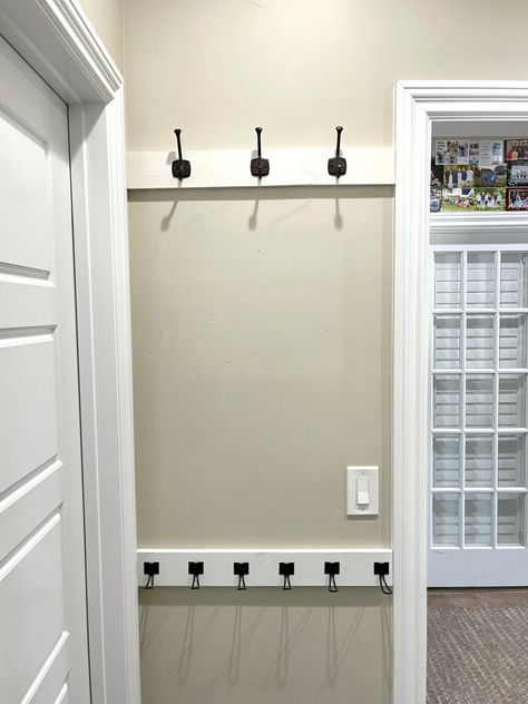 Behind Door Coat Rack, Simple Coat Rack Wall, Entryway Coat Rack Ideas Small Spaces, Narrow Coat Rack Entryway, Front Door Coat Rack Ideas, Coat Hanging Ideas Entryway Small, Bedroom Coat Rack Ideas, No Coat Closet Solutions Entryway, Coat Rack Wall Ideas